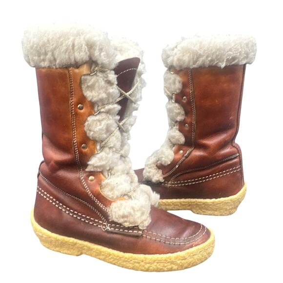 VTG Cabelas Boots 8 Leather Shearling Lace-Up Chunky 70s Distressed Boho Hippy - Picture 1 of 16